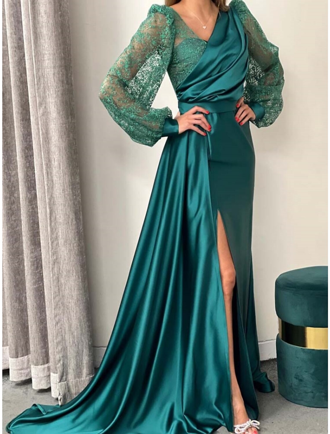 Green A-Line V-Neck Satin Long Sleeve High Slit Evening Gown - Chloe Dress