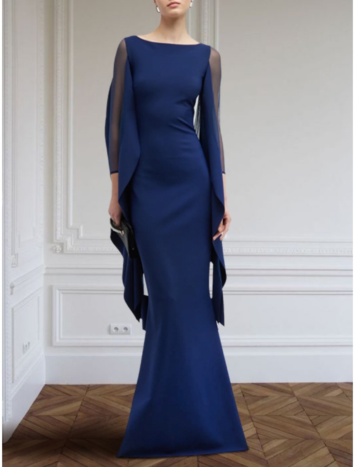 Black Sheath Chiffon Long Sleeve Ruffled Floor-Length Evening Gown - Chloe Dress