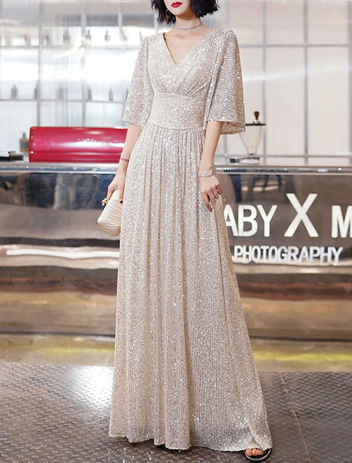 A-Line V-Neck Sequin Pleated Floor-Length Prom Dress - Chloe Dress
