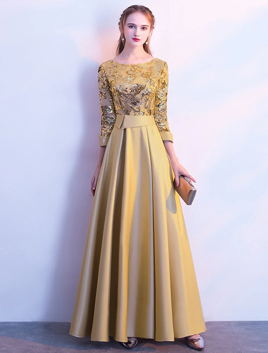 A-Line Satin Long Sleeve Pleated Floor-Length Wedding Dress - Chloe Dress