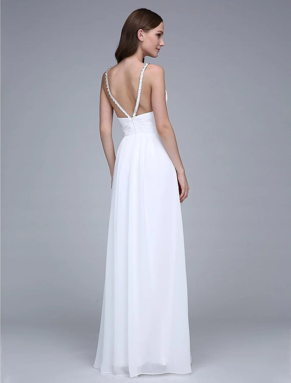 White Beaded Spaghetti Strap V‑Back Chiffon A‑Line Bridesmaid Dresses