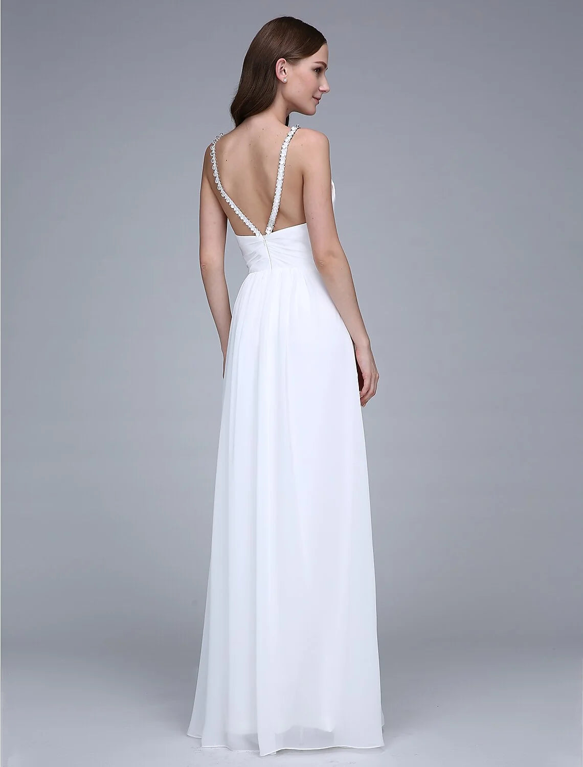 White Beaded Spaghetti Strap V‑Back Chiffon A‑Line Bridesmaid Dresses