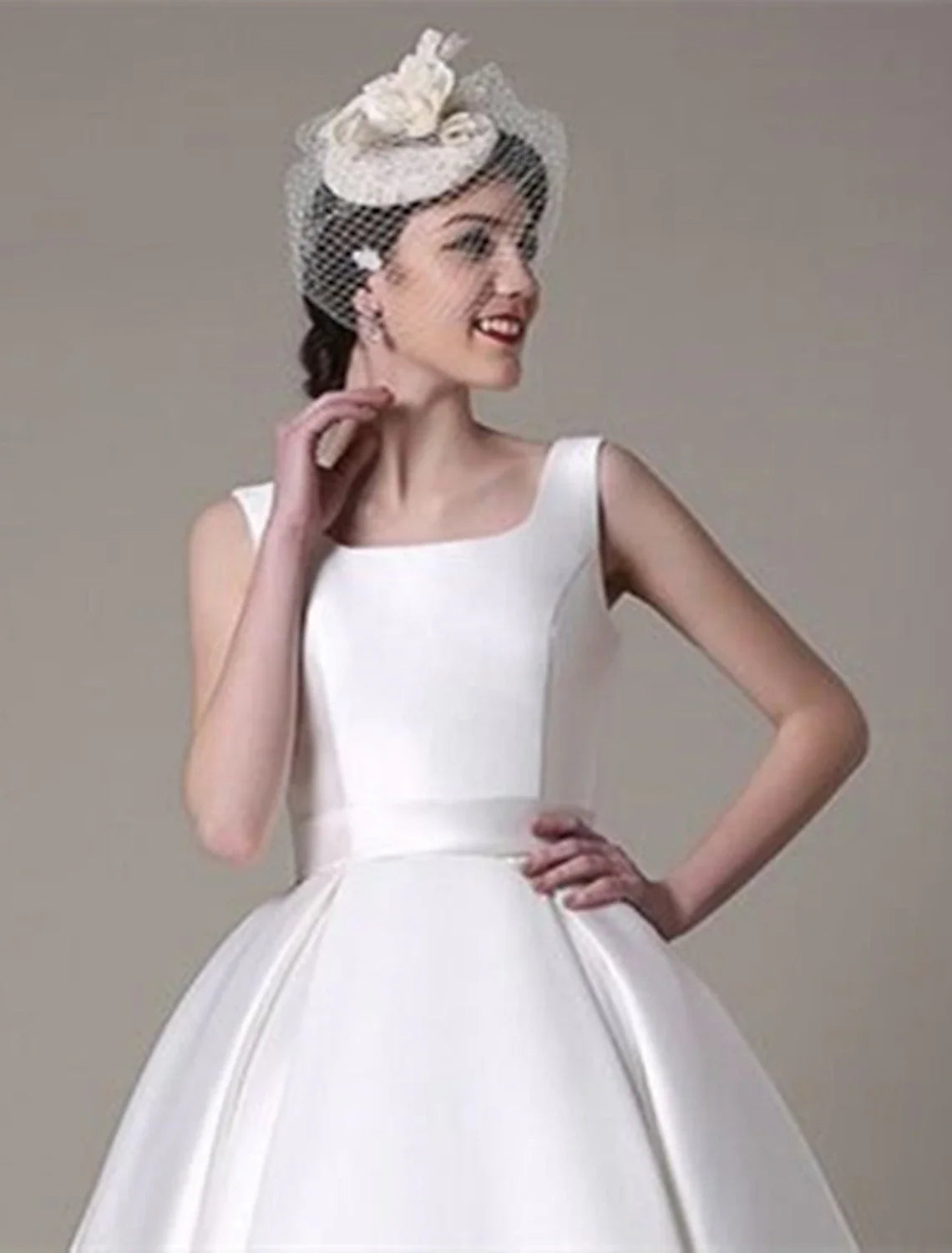 A-Line Square Neck Satin Sleeveless Pleated Knee-Length Wedding Dress - Chloe Dress