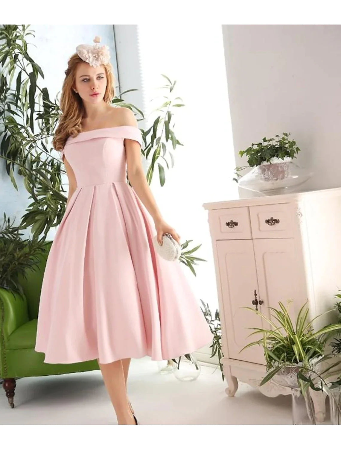 A-Line Off-Shoulder Sleeveless Pleated Tea-Length Cocktail Dress - Chloe Dress