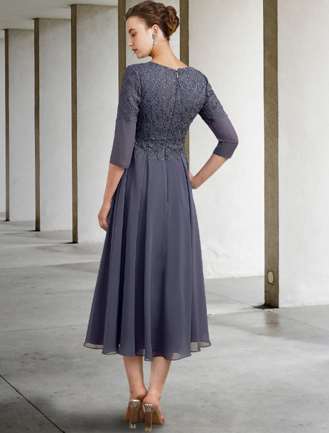 A-Line V-Neck Chiffon Three-Quarter Sleeve Ruffled Tea-Length Wedding Dress - Chloe Dress