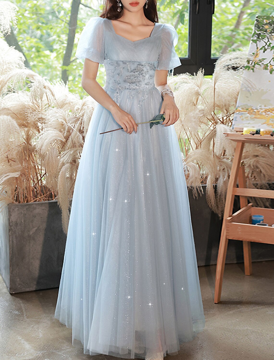 A-Line Sweetheart Tulle Short Sleeve Tiered Floor-Length Evening Gown - Chloe Dress
