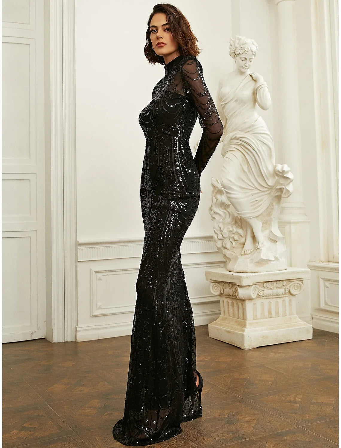 Sheath High Neck Sequin Long Sleeve High Slit Evening Gown - Chloe Dress