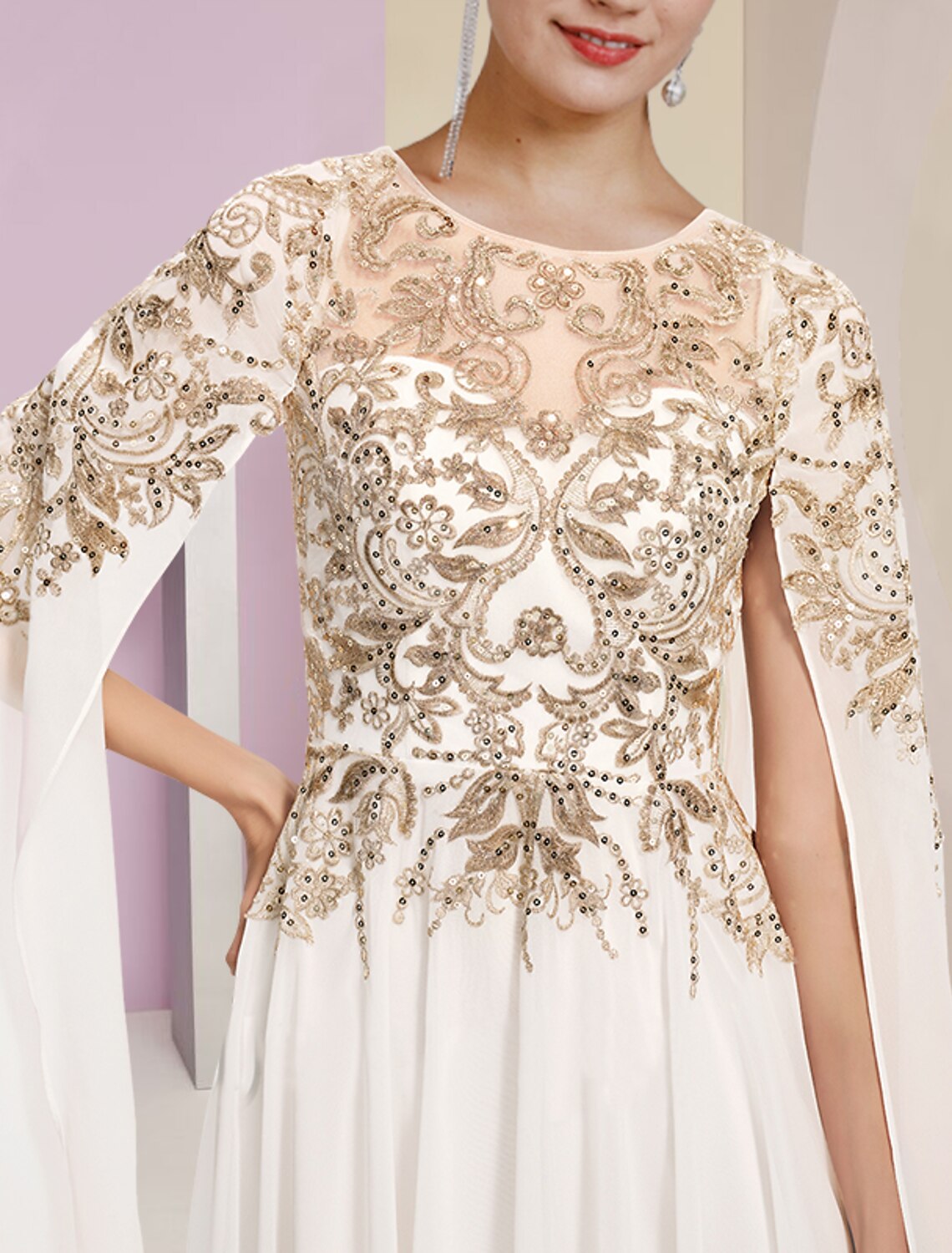Sheath Chiffon Long Sleeve Pleated Floor-Length Wedding Dress - Chloe Dress