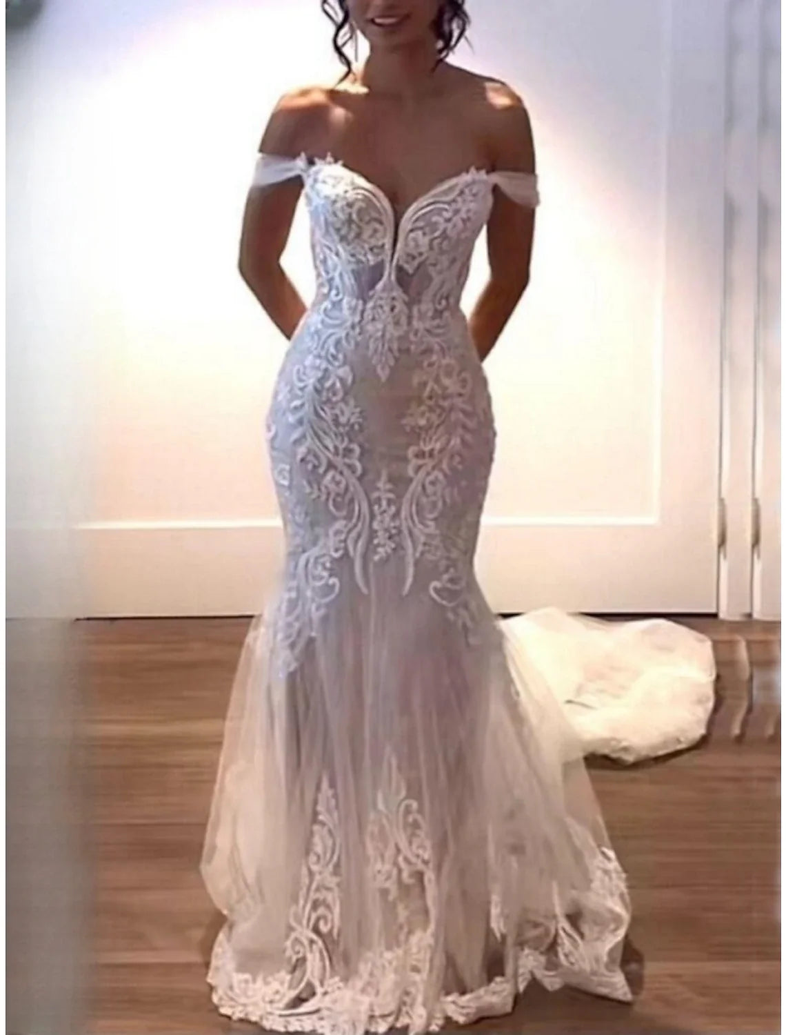 Mermaid Off-Shoulder Lace Sleeveless Pleated Wedding Gown - Chloe Dress
