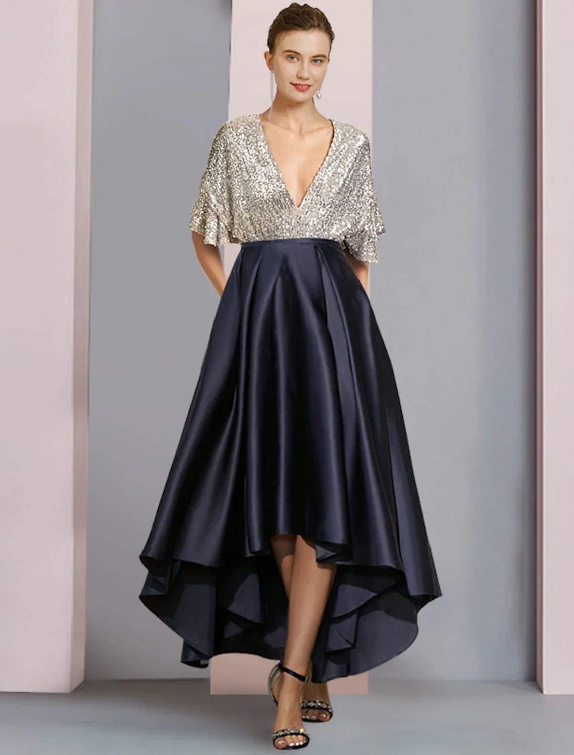 A-Line V-Neck Satin Short Sleeve Pleated Mini Wedding Dress - Chloe Dress