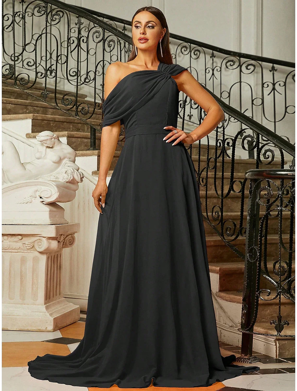 A-Line One-Shoulder Short Sleeve Pleated Mini Evening Gown - Chloe Dress