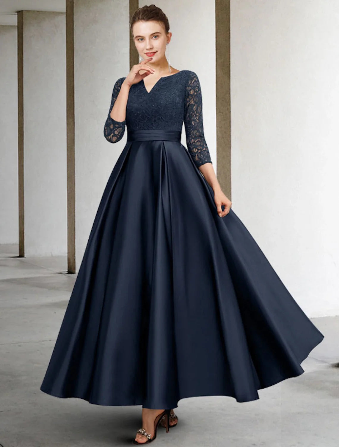 A-Line V-Neck Satin Three-Quarter Sleeve Pleated Ankle-Length Dress - Chloe Dress