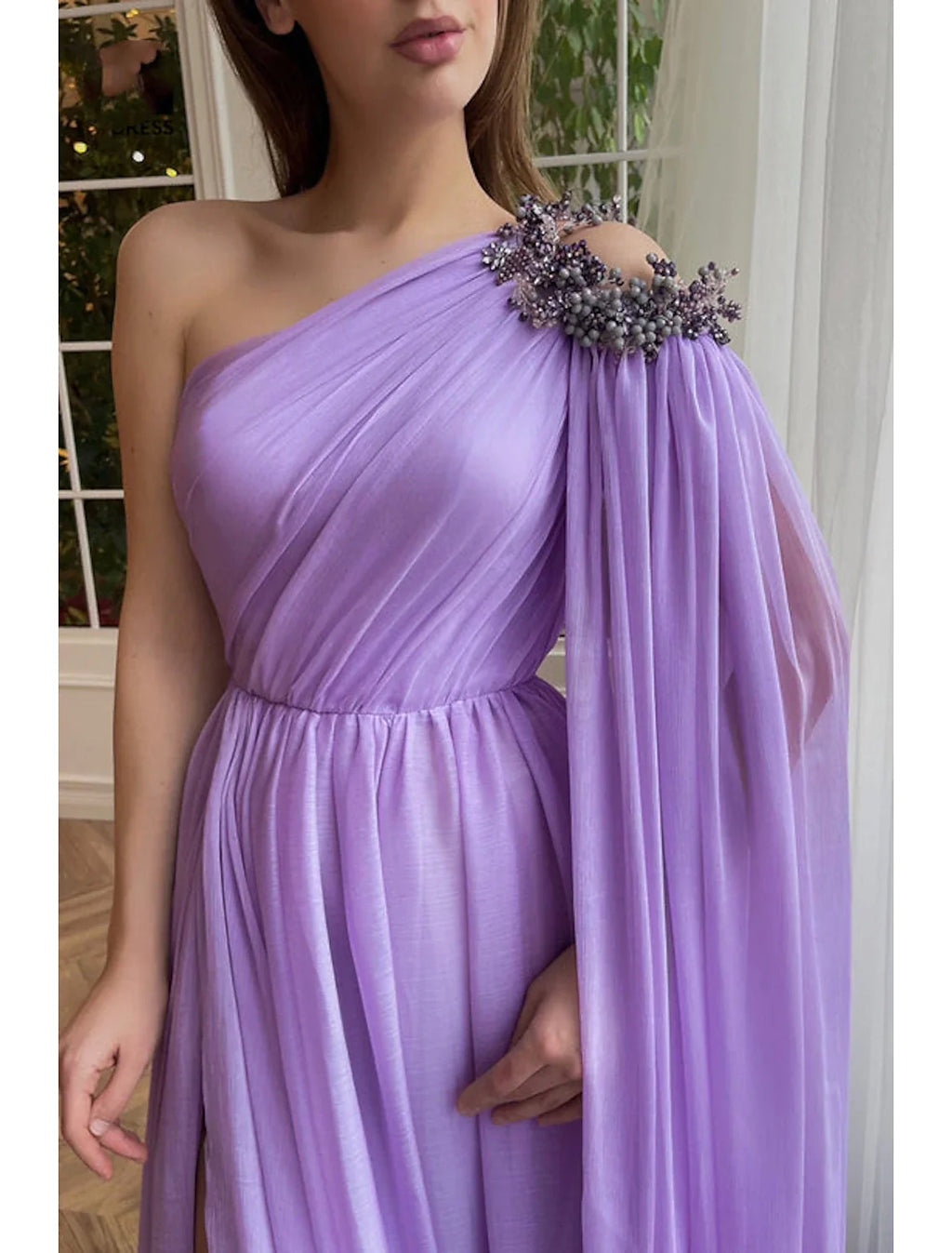 A-Line One-Shoulder Chiffon Sleeveless High Slit Evening Gown - Chloe Dress