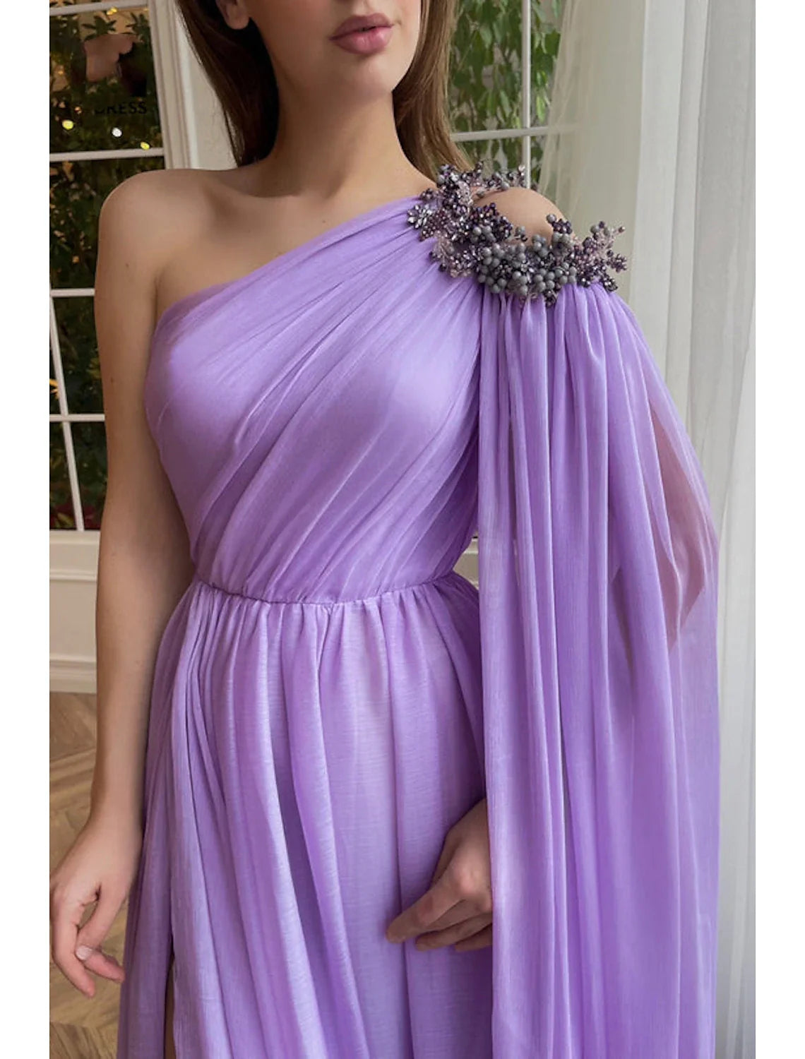 A-Line One-Shoulder Chiffon Sleeveless High Slit Evening Gown - Chloe Dress