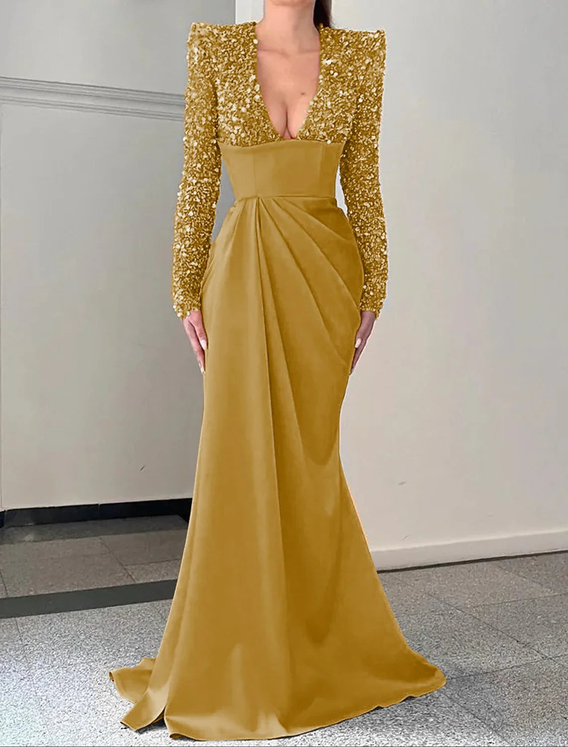 Mermaid V-Neck Satin Long Sleeve Pleated Evening Gown - Chloe Dress