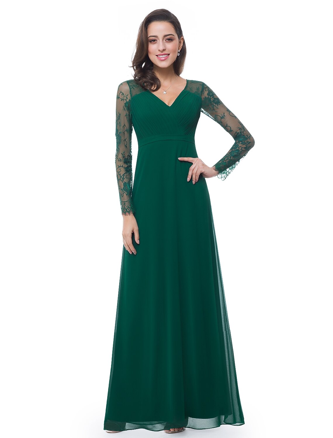 A-Line V-Neck Chiffon Long Sleeve Floor-Length Evening Gown - Chloe Dress