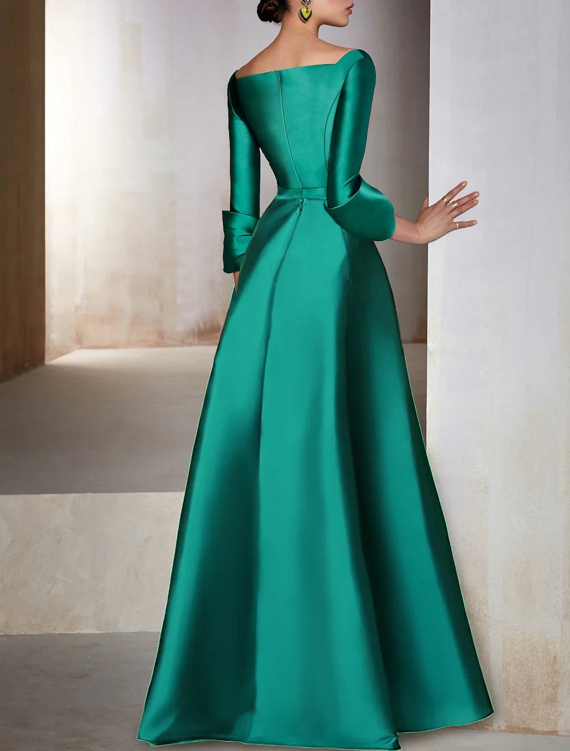 A-Line V-Neck Satin Long Sleeve Floor-Length Evening Gown - Chloe Dress