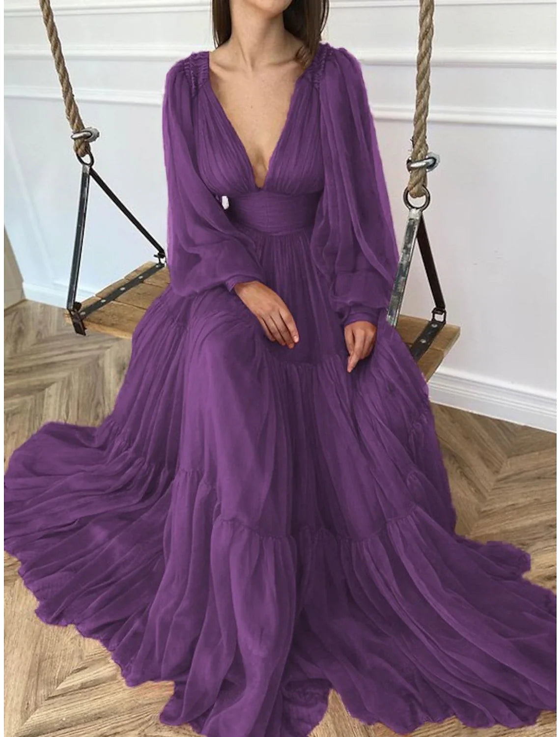 Green A-Line V-Neck Chiffon Long Sleeve Floor-Length Evening Gown - Chloe Dress