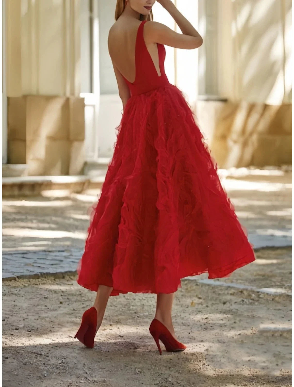 A-Line V-Neck Lace Sleeveless Backless Pleated Tea-Length Evening Gown - Chloe Dress