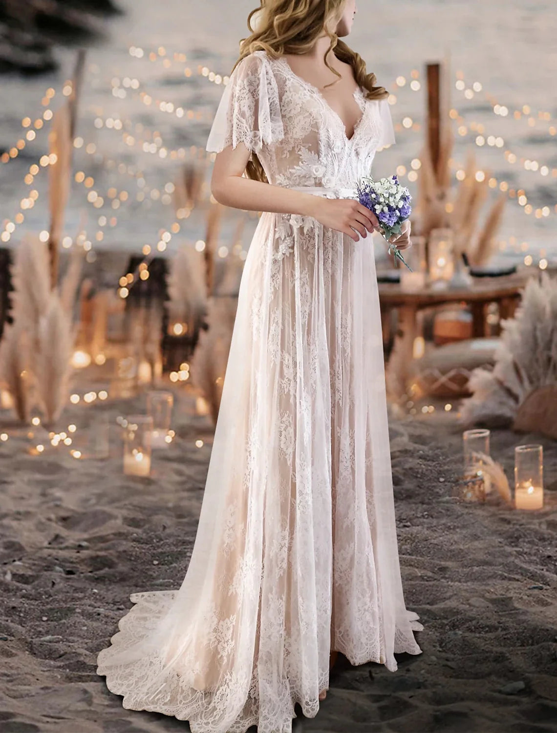 A-Line V-Neck Lace Short Sleeve Train Mini Wedding Gown - Chloe Dress