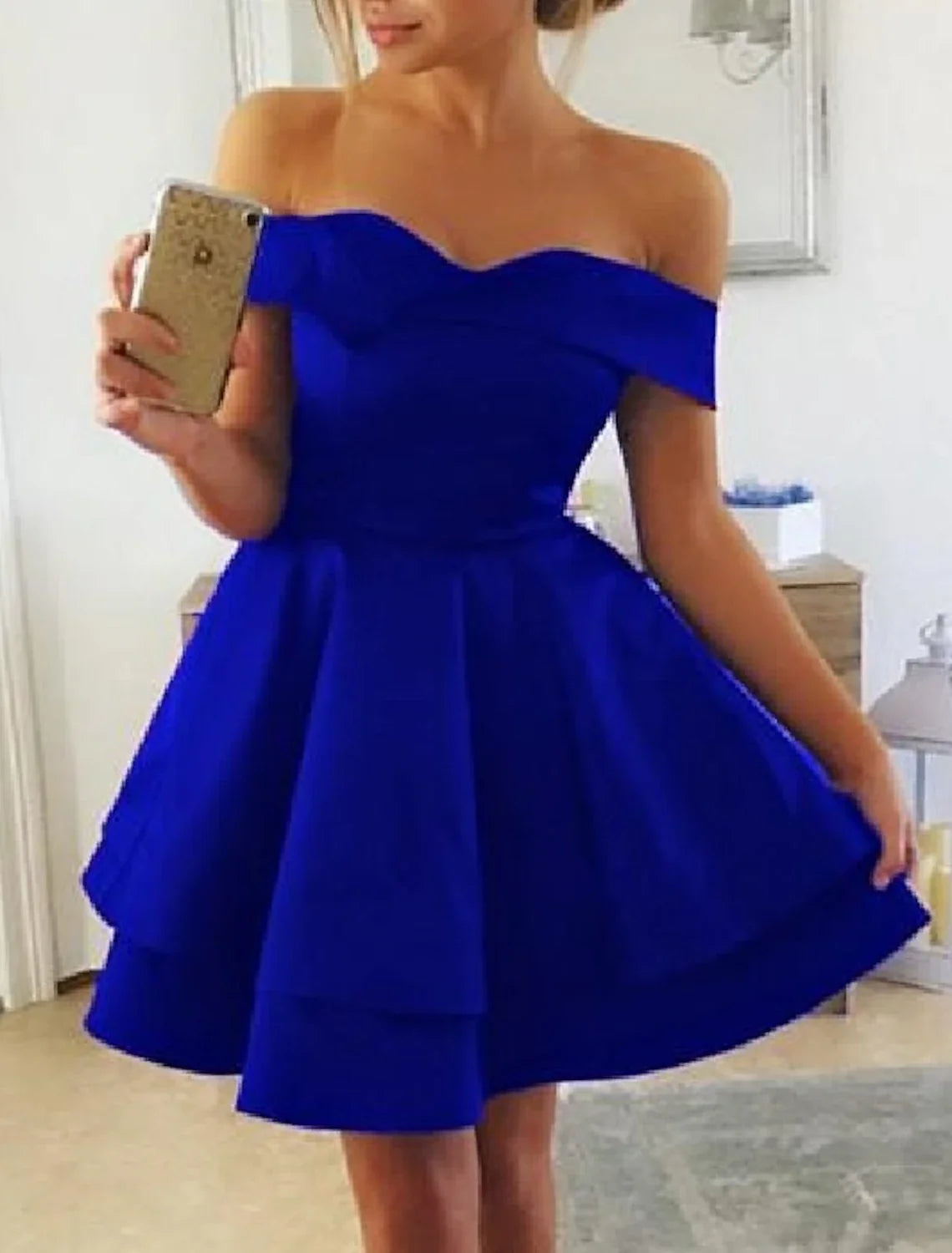 A-Line Off-Shoulder Satin Sleeveless Mini Cocktail Dress - Chloe Dress