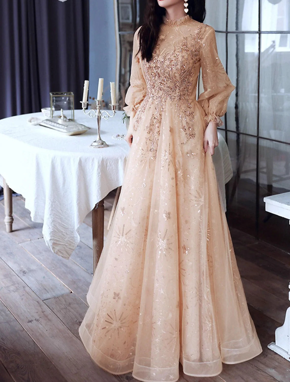 A-Line High Neck Tulle Long Sleeve Floor-Length Evening Dress - Chloe Dress