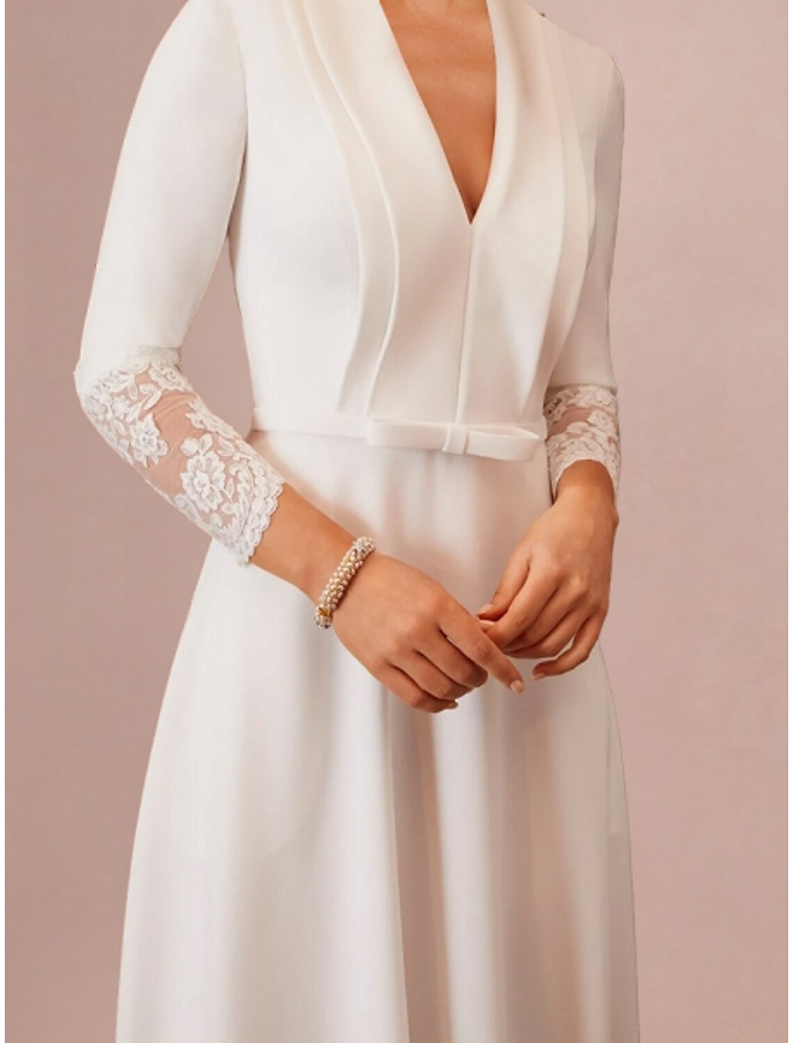 White A-Line V-Neck Long Sleeve Tea-Length Wedding Gown - Chloe Dress