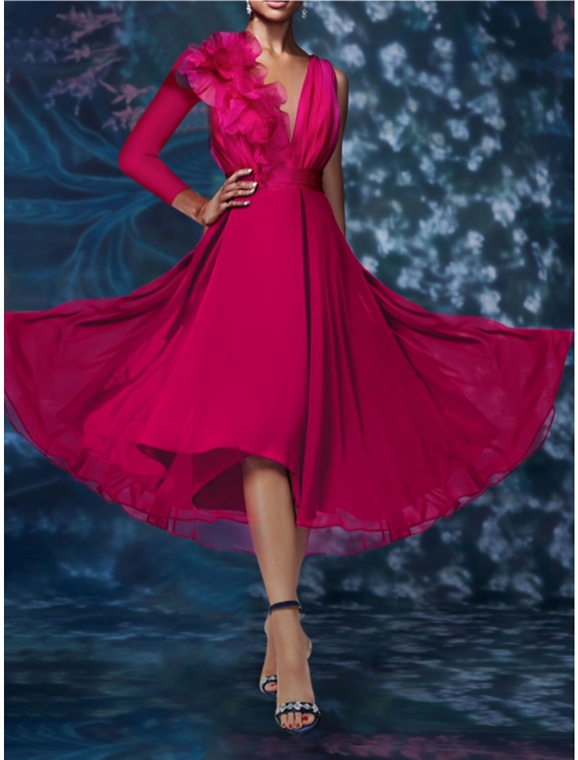 Sheath V-Neck Chiffon Long Sleeve Pleated Wedding Dress - Chloe Dress