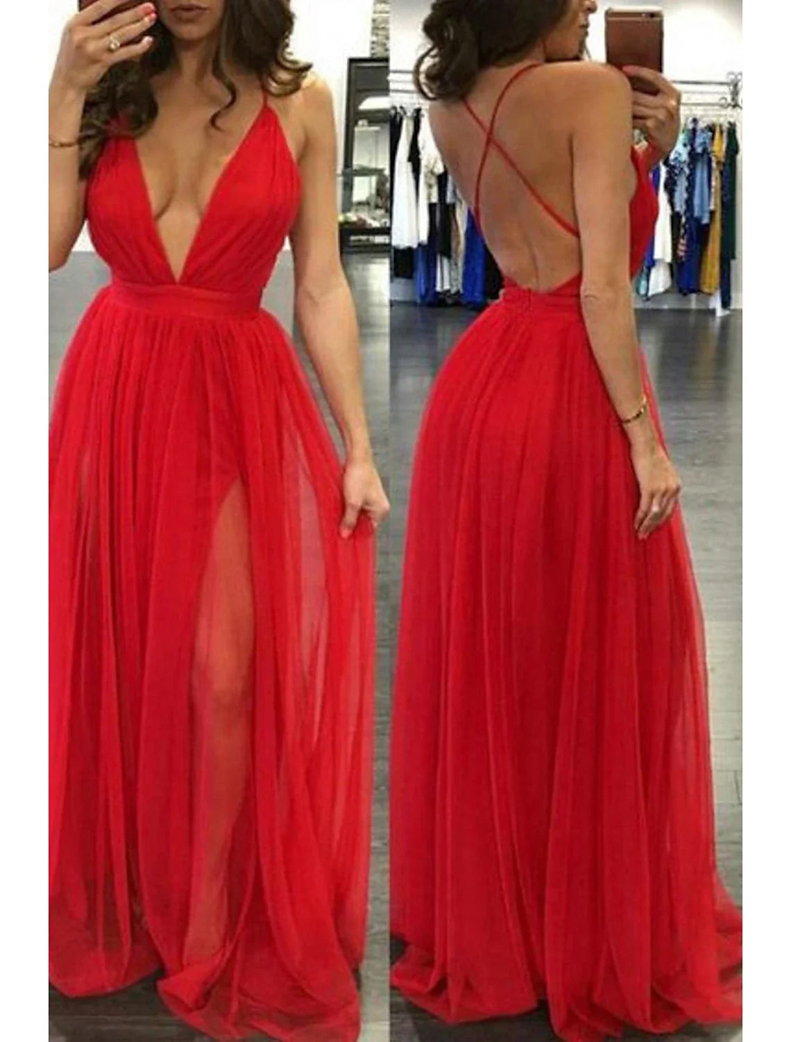 A-Line V-Neck Chiffon Sleeveless Open Back High Slit Floor-Length Prom Dress - Chloe Dress