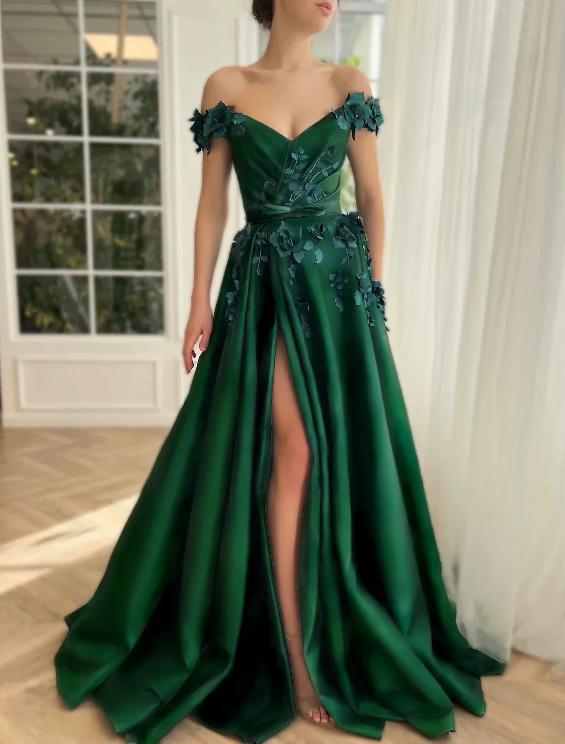Green Ball Gown Off-Shoulder Satin Short Sleeve High Slit Floor-Length Prom Gown - Chloe Dress