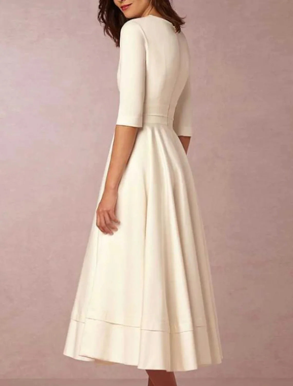 White A-Line V-Neck Satin Pleated Tea-Length Wedding Gown - Chloe Dress