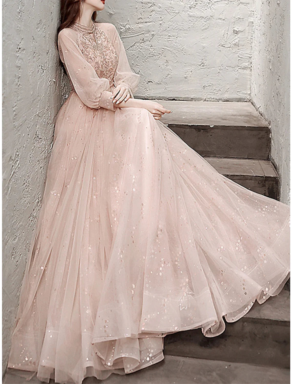 A-Line Tulle Long Sleeve Pleated Floor-Length Evening Dress - Chloe Dress