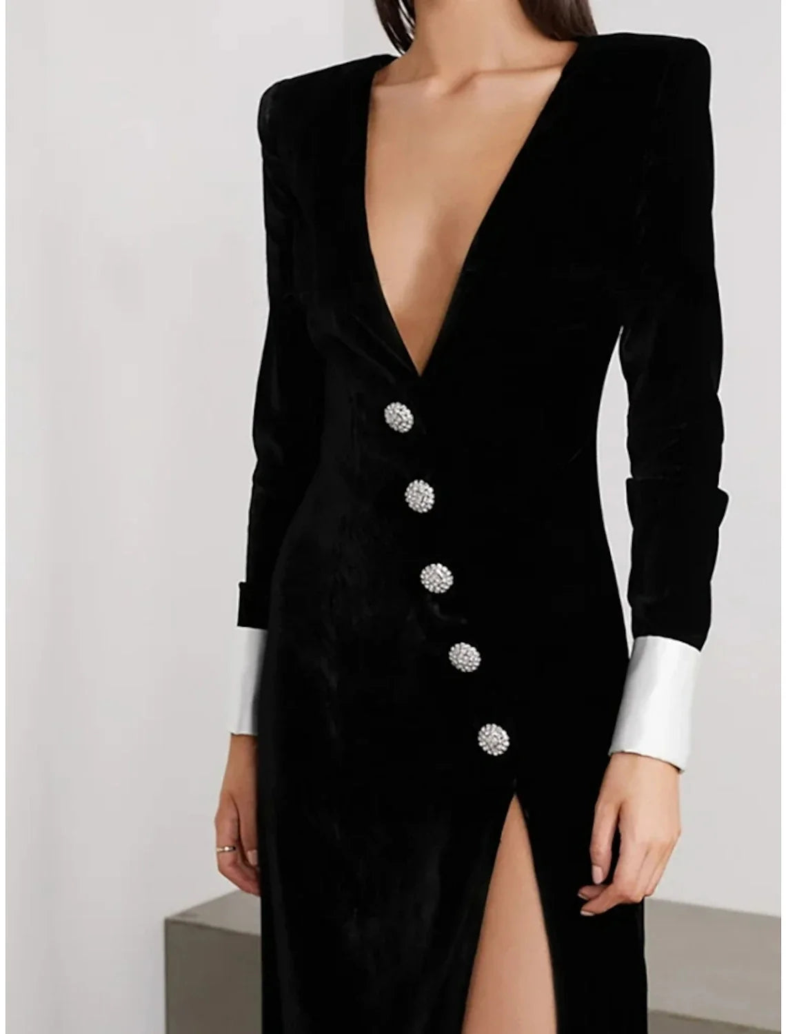 Black A-Line V-Neck Velvet Long Sleeve Button Back High Slit Floor-Length Evening Gown - Chloe Dress