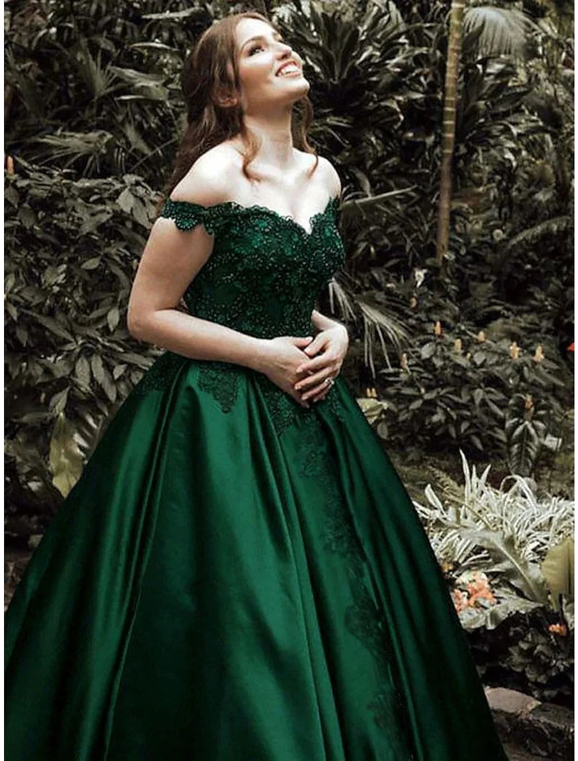 Green Ball Gown Off-Shoulder Lace Sleeveless Applique Floor-Length Prom Gown - Chloe Dress