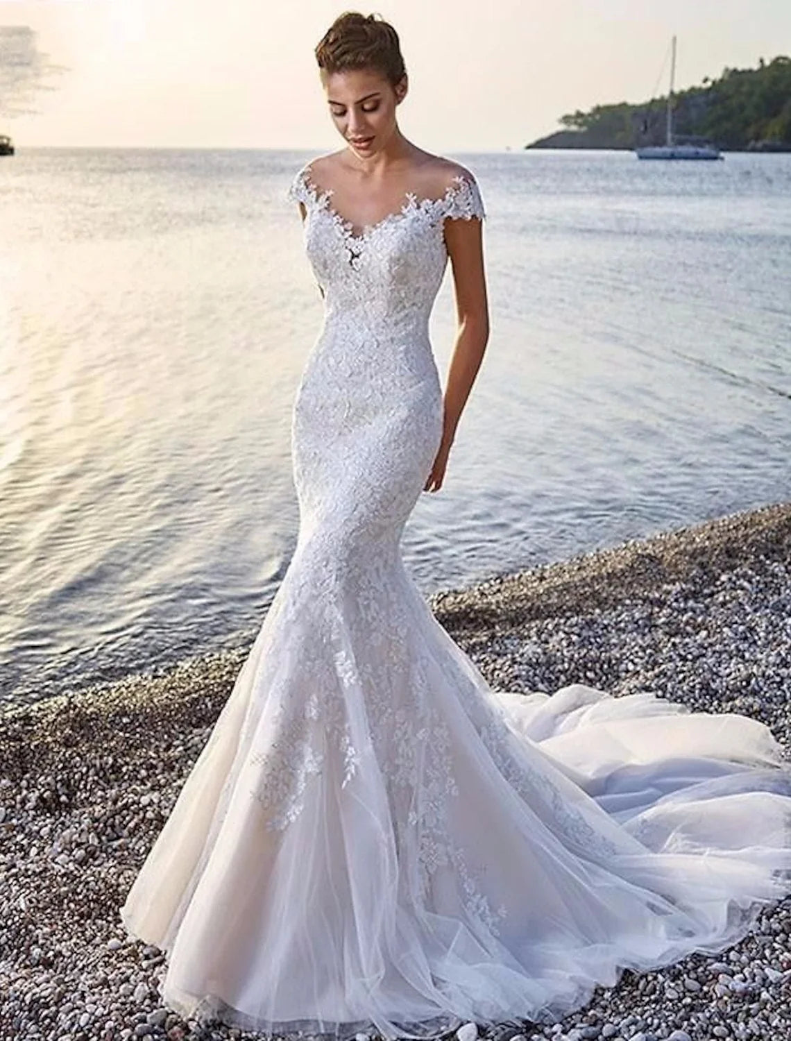 Mermaid Off-Shoulder Lace Cap Sleeve Train Wedding Gown - Chloe Dress