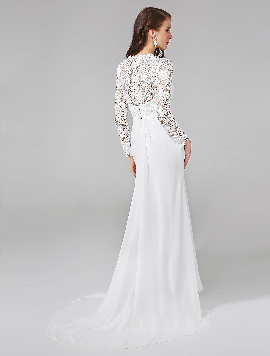 Sheath Illusion Chiffon Long Sleeve Button Back Train Wedding Gown - Chloe Dress