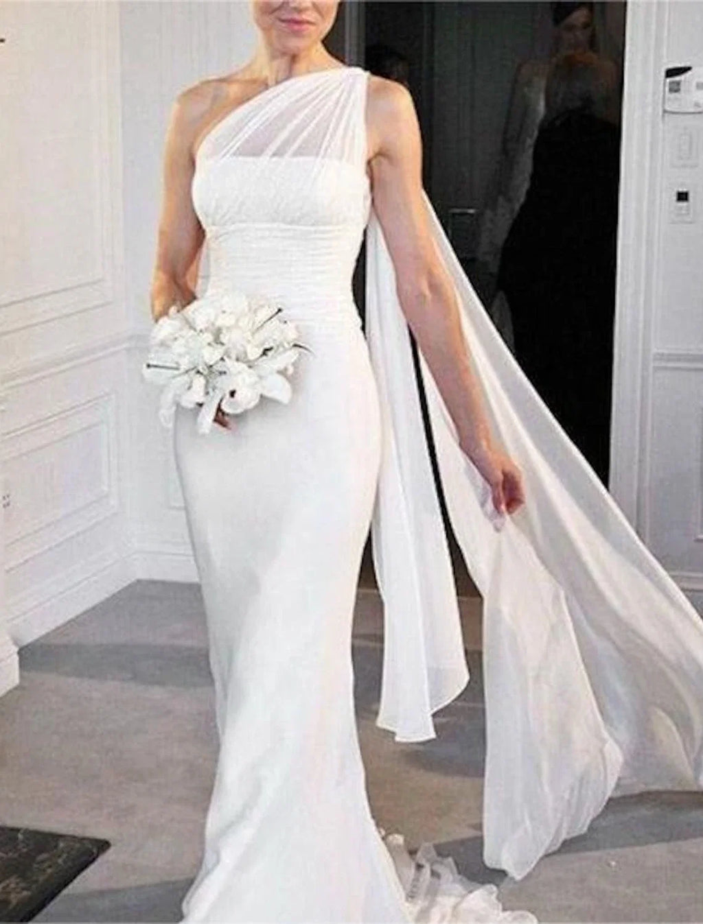 Mermaid One-Shoulder Chiffon Sleeveless Pleated Wedding Gown - Chloe Dress