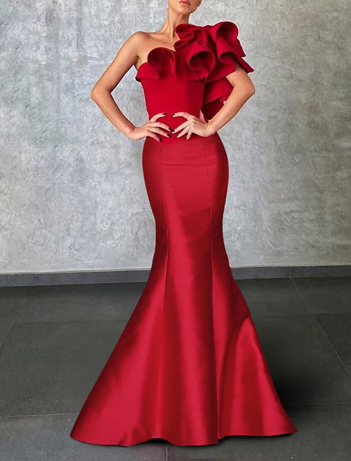 Black Mermaid One-Shoulder Sleeveless Lace-Up Back Ruffled Floor-Length Evening Gown - Chloe Dress