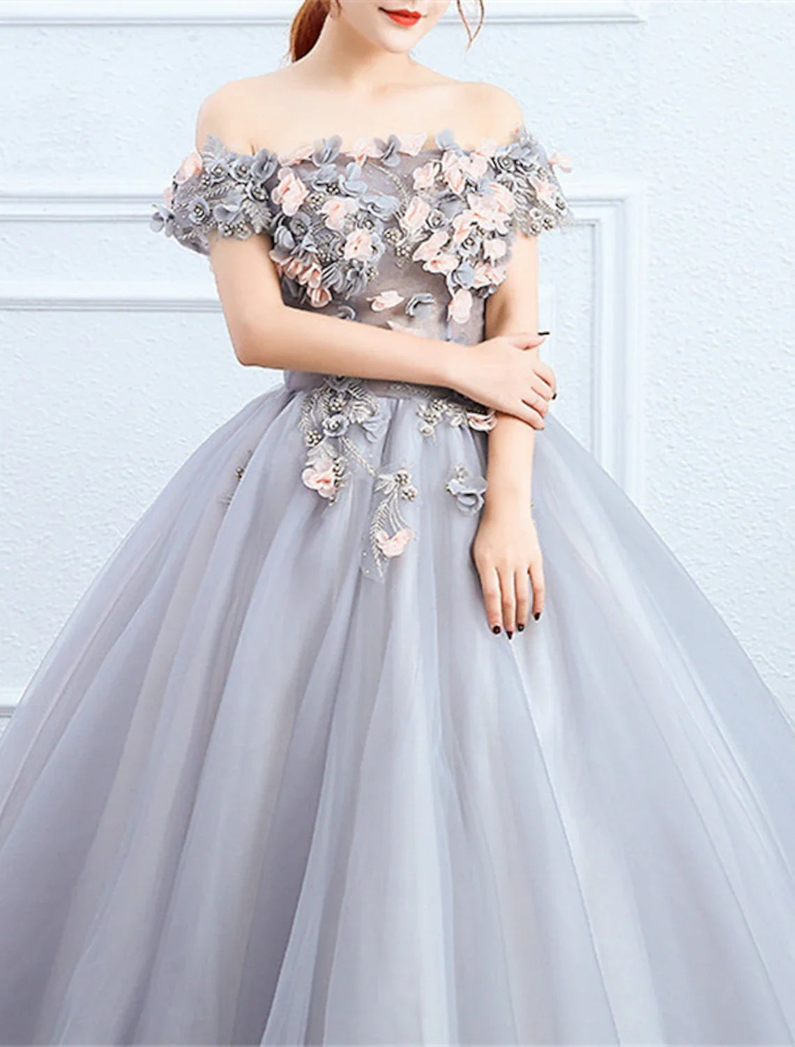 Ball Gown Off-Shoulder Polyester Short Sleeve Applique Floor-Length Gown - Chloe Dress