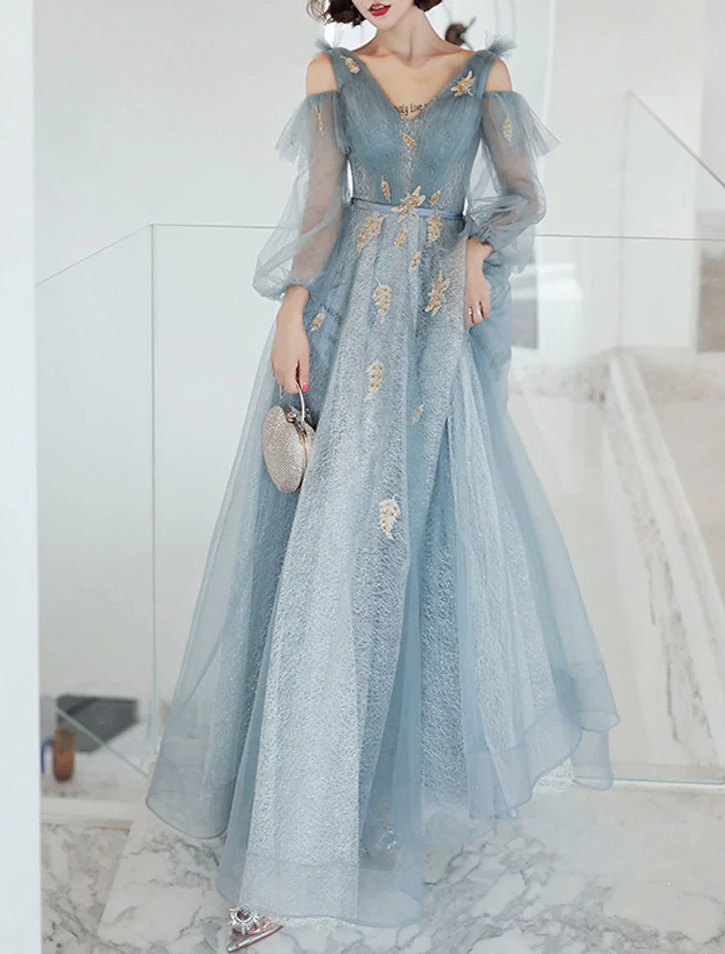 A-Line V-Neck Sequin Long Sleeve Floor-Length Evening Dress - Chloe Dress