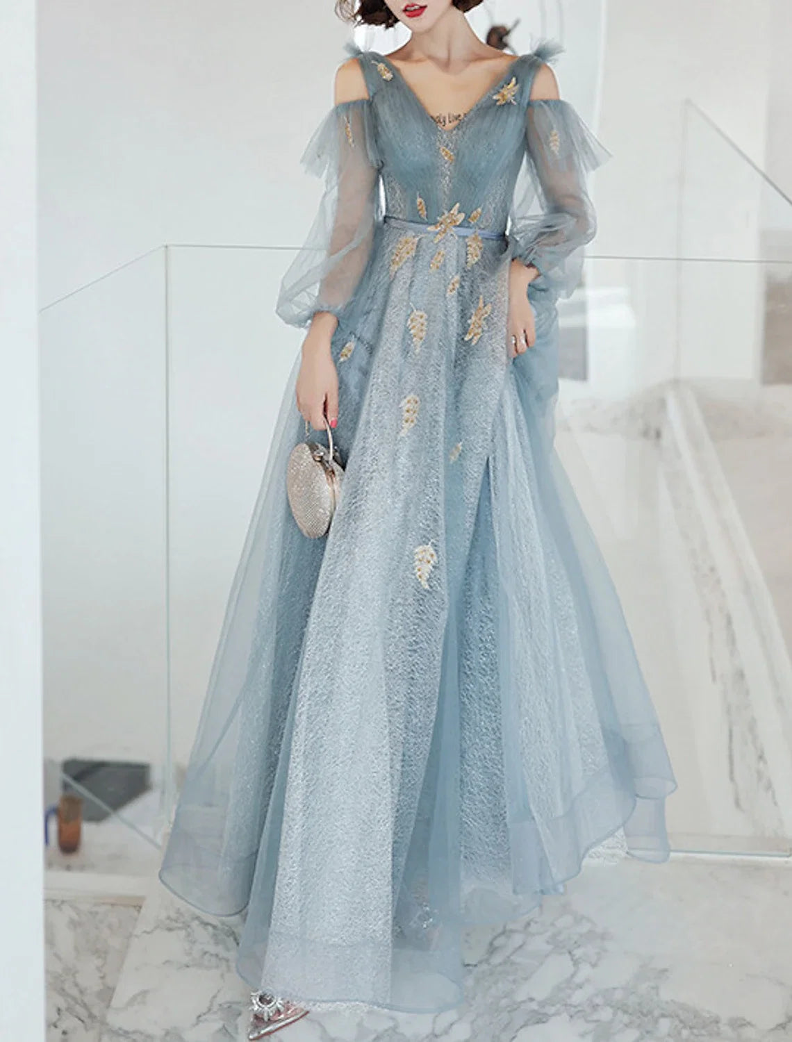 A-Line V-Neck Sequin Long Sleeve Floor-Length Evening Dress - Chloe Dress