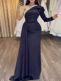 Black Mermaid One-Shoulder Satin Long Sleeve Floor-Length Evening Gown - Chloe Dress