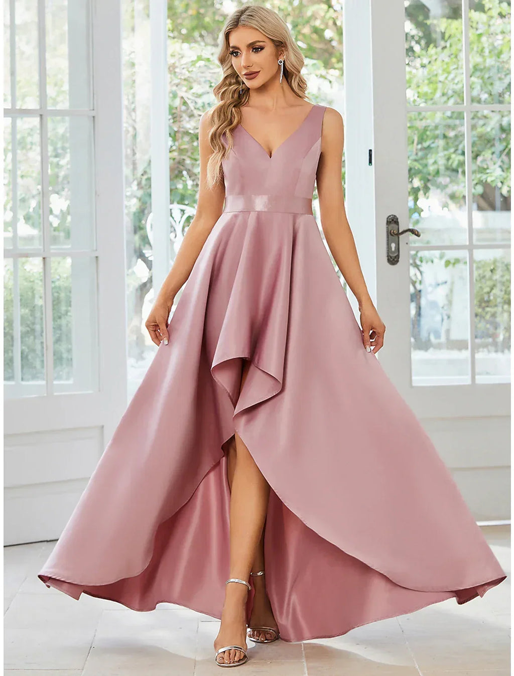 A-Line V-Neck Satin Sleeveless Ruffled Wedding Dress - Chloe Dress