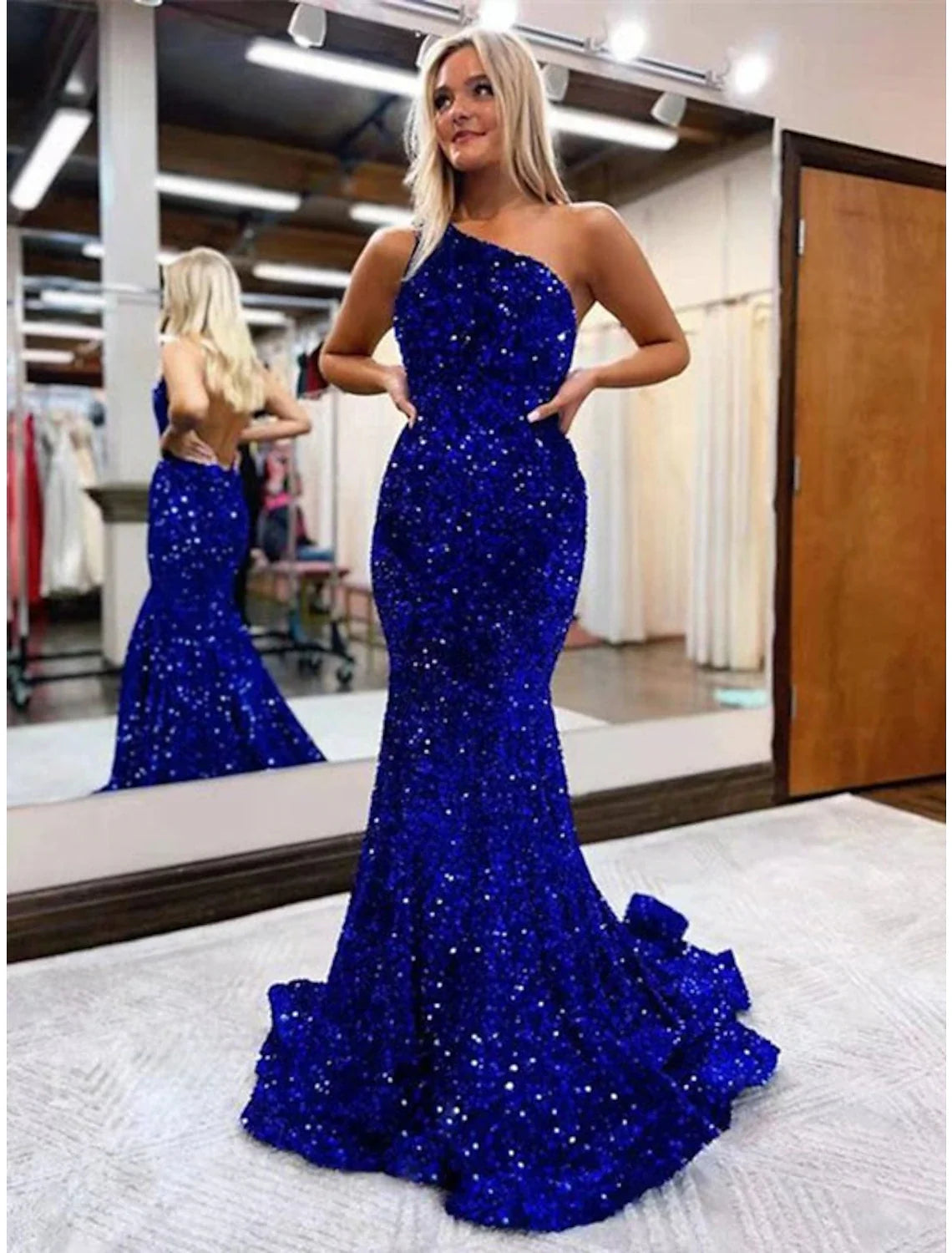 Mermaid One-Shoulder Sequin Sleeveless Backless Floor-Length Prom Dress - Chloe Dress