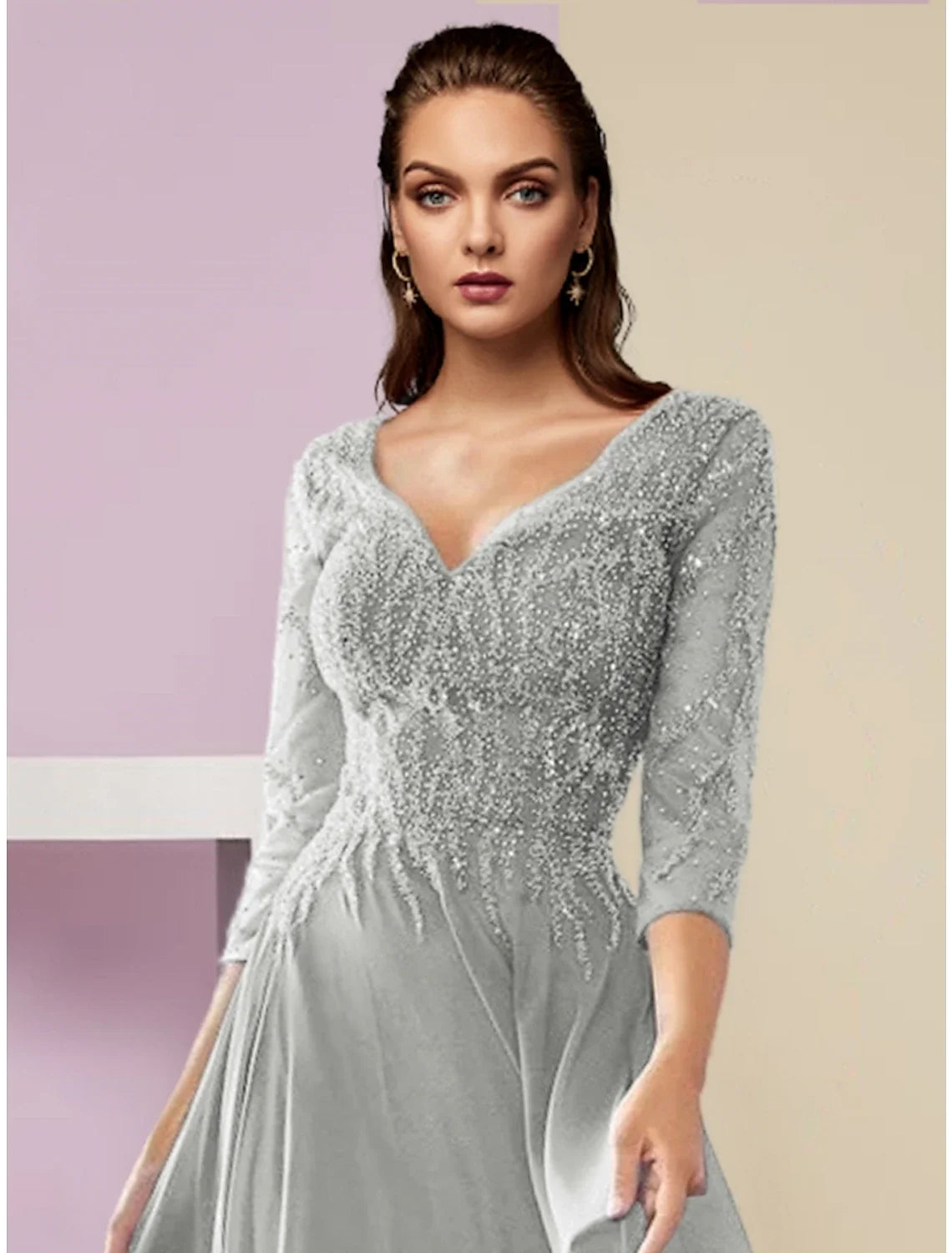 A-Line V-Neck Chiffon Three-Quarter Sleeve Floor-Length Wedding Dress - Chloe Dress