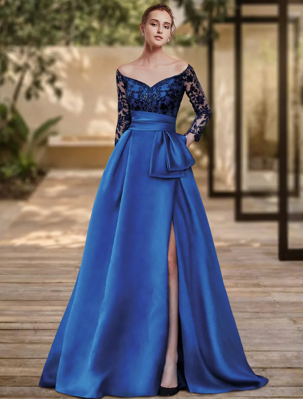 Sheath Off-Shoulder Sequin Three-Quarter Sleeve High Slit Evening Gown - Chloe Dress