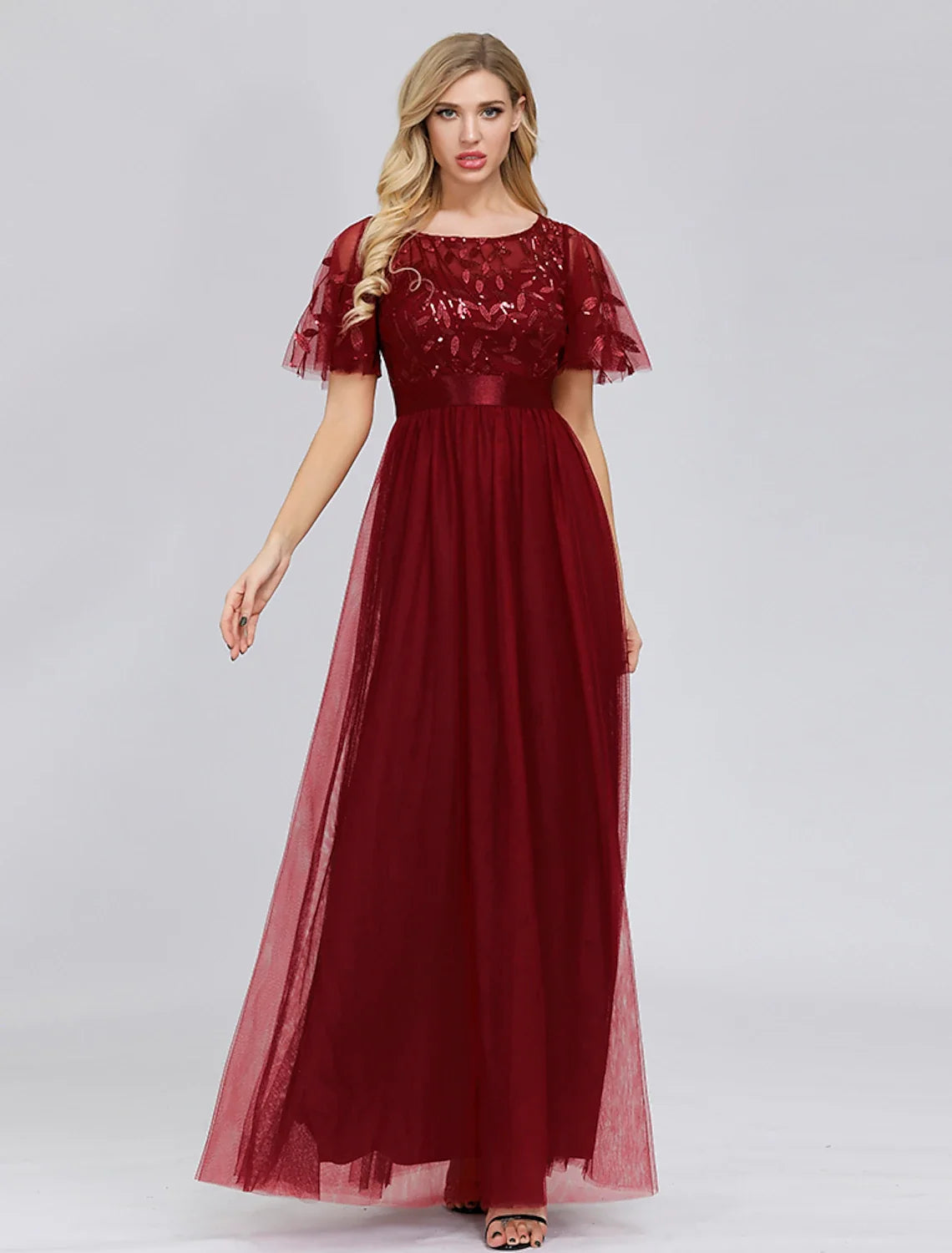 A-Line Tulle Short Sleeve Floor-Length Prom Dress - Chloe Dress