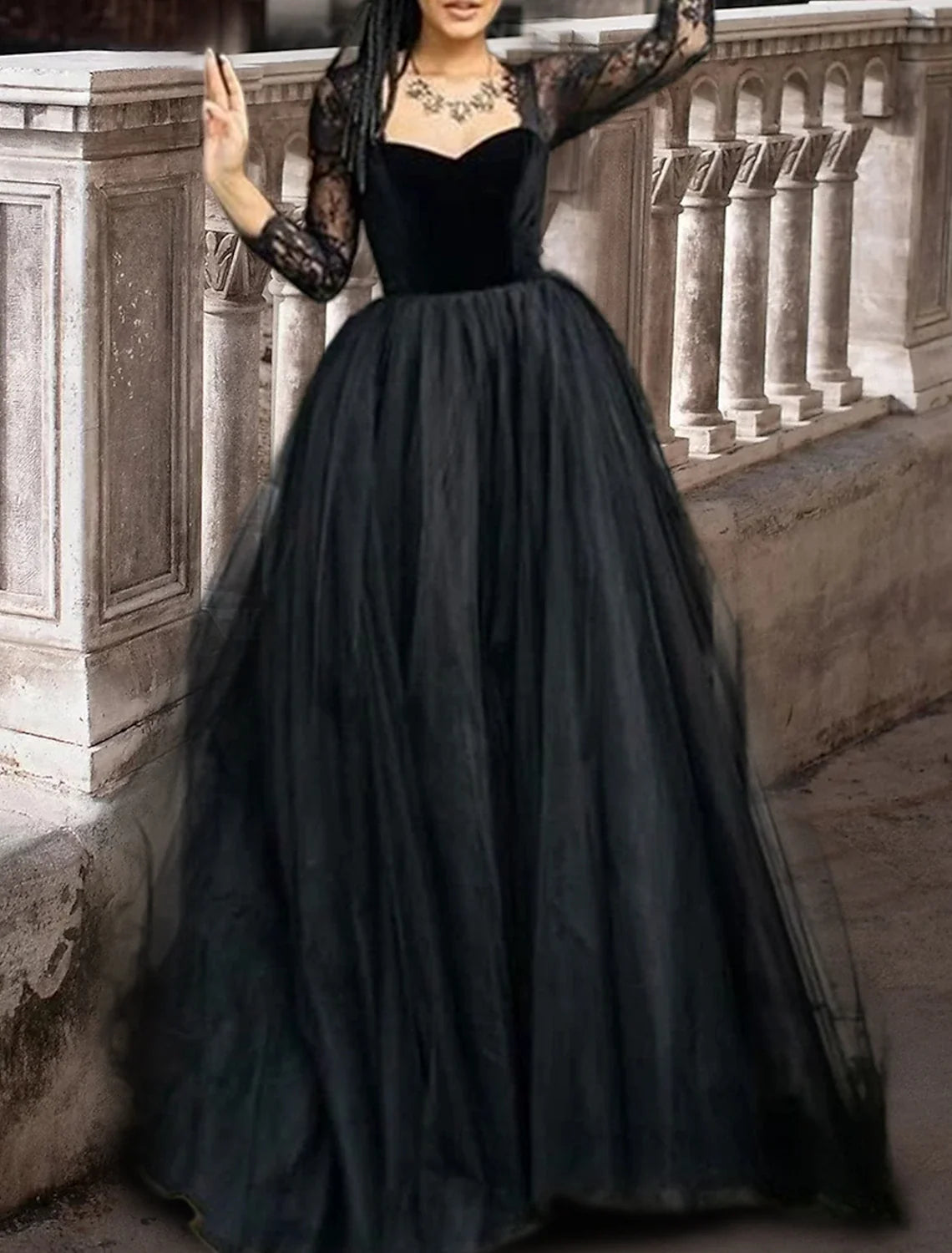 Black A-Line Square Neck Lace Three-Quarter Sleeve Pleated Floor-Length Wedding Gown - Chloe Dress
