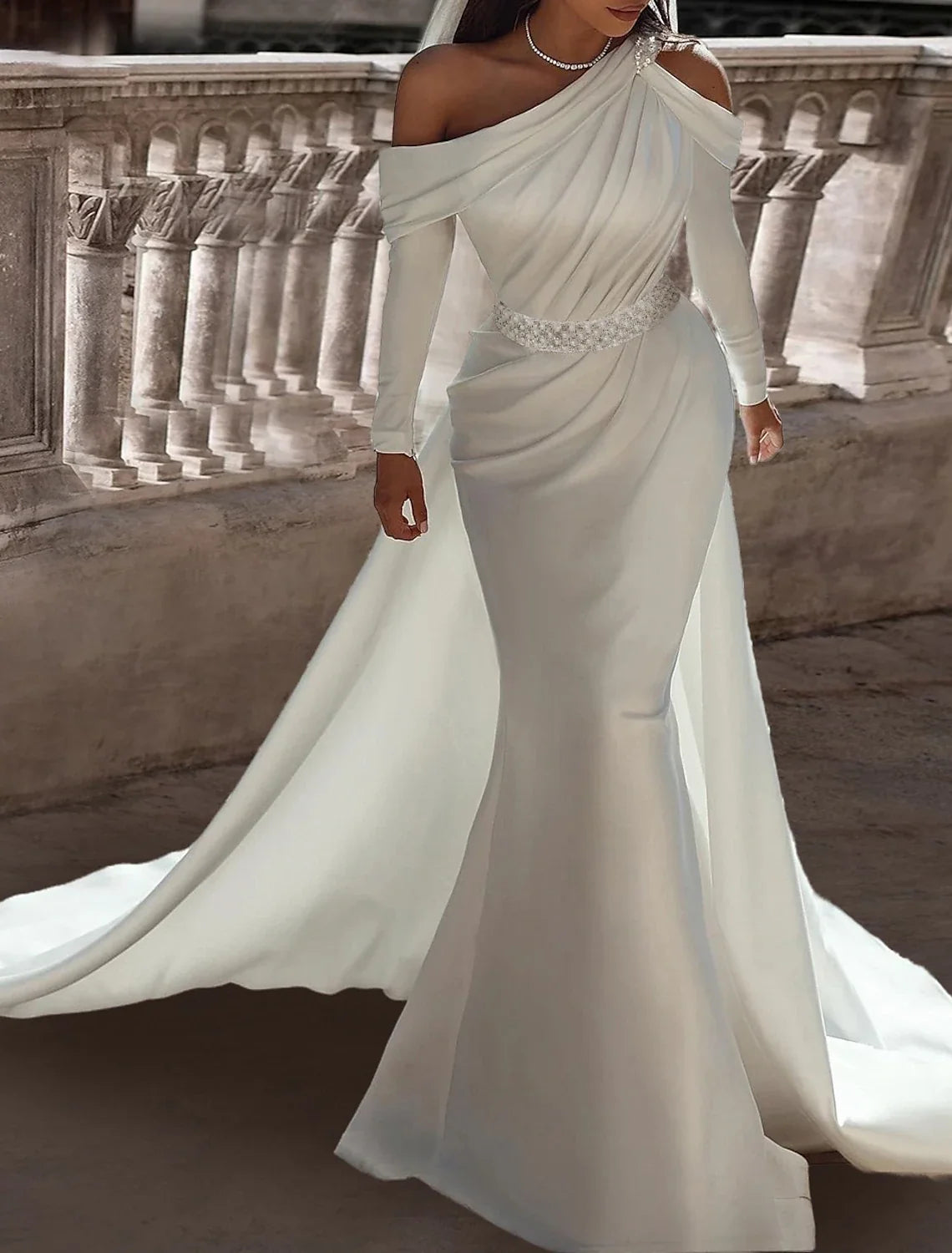 One-Shoulder Satin Long Sleeve Floor-Length Wedding Gown - Chloe Dress