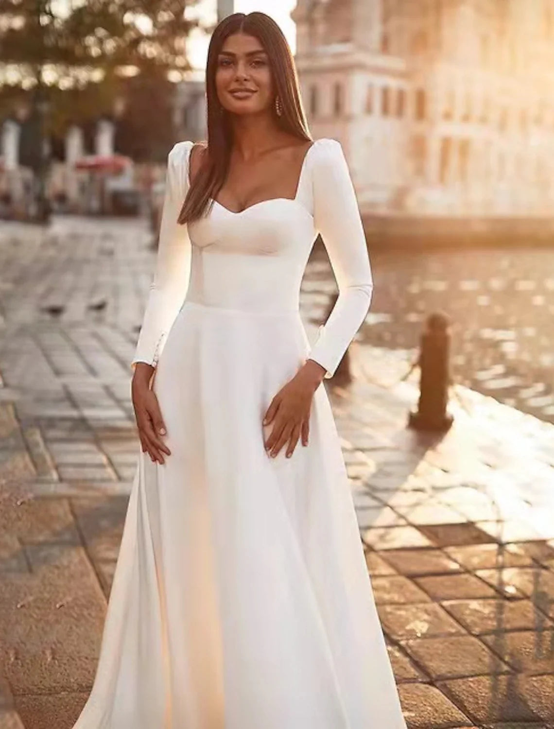 A-Line Sweetheart Satin Long Sleeve Train Wedding Gown - Chloe Dress